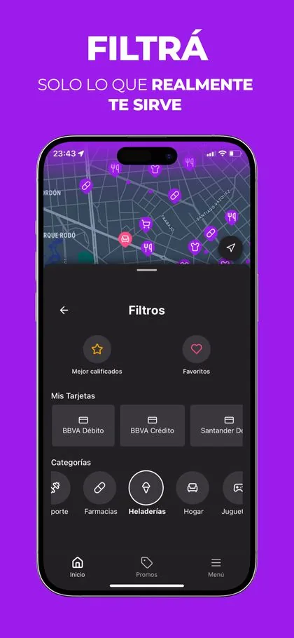 Pantalla principal de Bankos: todos los descuentos de tus tarjetas en el mapa