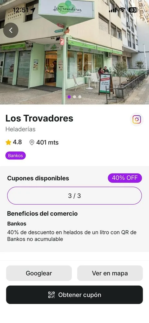 Ficha de Los Trovadores en Bankos con su promoción exclusiva y cupones QR disponibles